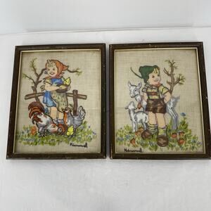 Hummel Vintage Crewel Embroidery Wall Hanging Pair Girl And Boy